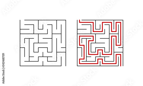 Labyrinth game the lowest level. Simple puzzle with solution. Vector illustration.