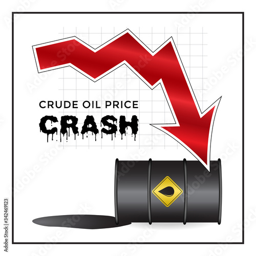 Oil industry crisis concept. Oil barrel with crude oil 6 month price chart and an arrow pointing downwards on background. Vector Illustration. Square format
