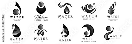 Water Splash Vector And Drop Set - Isolated On White Background. Vector Collection Of Flat Water Splash and Oil Drop Logo. Icons For Droplet, Water Wave, Rain, Raindrop, Company Logo And Bubble Design
