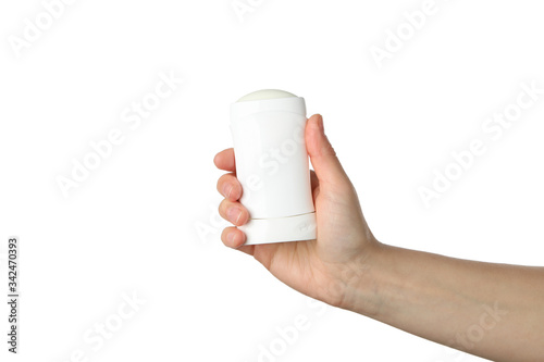 Female hand holds body deodorant, isolated on white background