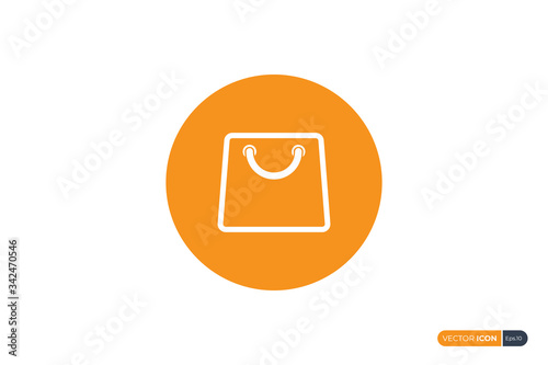 Shopping Bag Icon. White Linear Paper Bag in Orange Circle Shape isolated on White Background. Flat Vector Icon Design Template Elements.