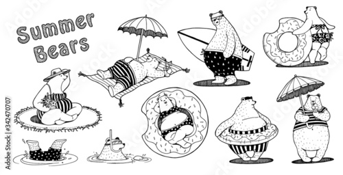 Hand drawing funny summer bears board.