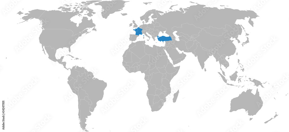 Turkey, france highlighted on world map. Light gray background. Business concepts, diplomatic, friendship, travel, trade and transport relations.