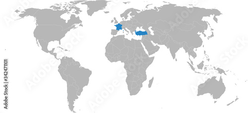 Turkey, france highlighted on world map. Light gray background. Business concepts, diplomatic, friendship, travel, trade and transport relations.