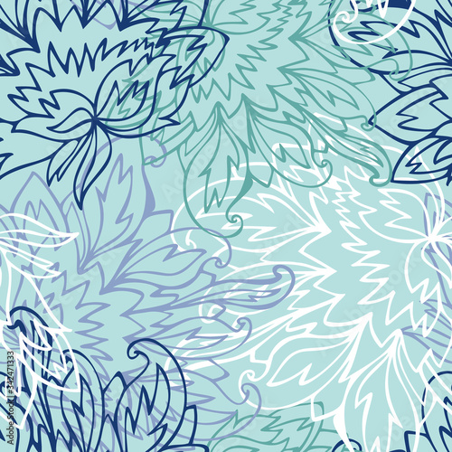 Seamless colorful vector design with decorative lined flowers lush peony on light blue background. The design is perfect for clothes, surfaces, children s decoration, wallpaper and backgrounds.
