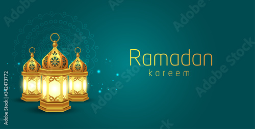 Islamic Holy Month, Ramadan banner decorated with glowing lamps and beautiful floral background design.