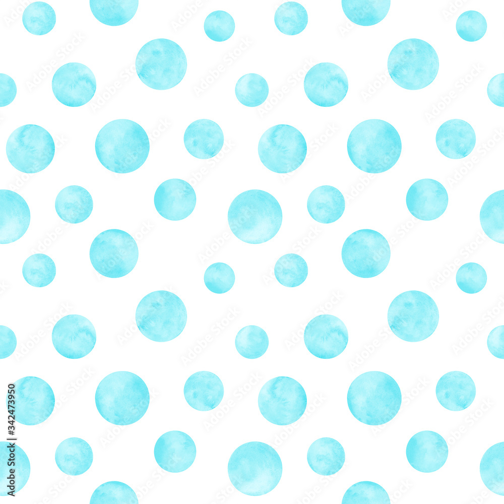 Polka dot blue, teal, turquoise watercolor seamless pattern. Abstract watercolour background with color circles on white