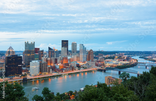 Pittsburgh Skyline Showing Downtown  After Sunset Viewing From Grandview Overlook, Pittsburgh, USA. 