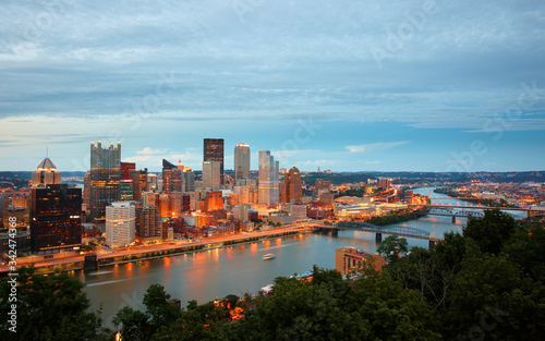 Pittsburgh Skyline Showing Downtown  After Sunset Viewing From Grandview Overlook, Pittsburgh, USA. 