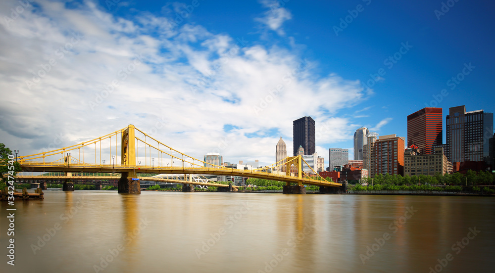 Pittsburgh downtown skyline viewing from North Shore. Photo shows Roberto Clemente Bridge and downtown skyline.