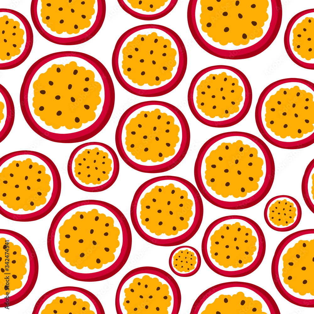 Passion fruit vector seamless pattern on a white background. Fruit bright pattern in the style of hand drawing.Cartoon passion fruit background.. Flat vector stock illustration Passion fruit vector seamless pattern on a white background. Fruit bright pattern in the style of hand drawing.Cartoon passion fruit background.. Flat vector stock illustration