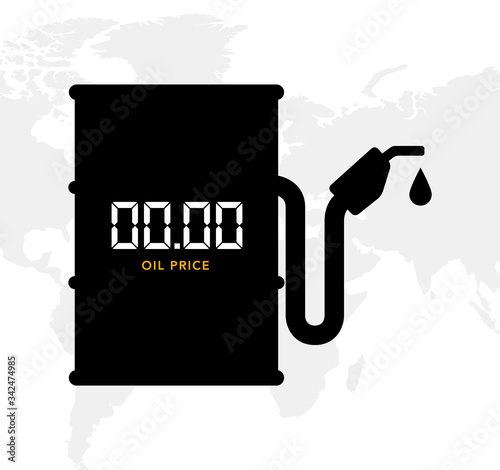 sign of an oil barrel with a hose from a gas station and a place for a price, on a world map background. Flat style. Vector illustration