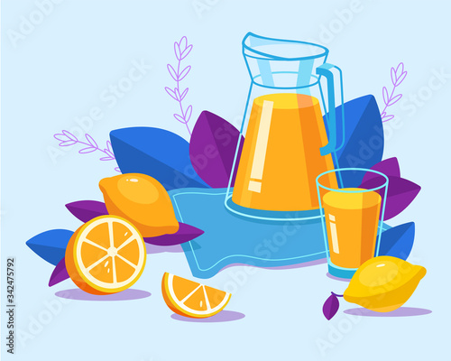 Jug of fresh homemade lemonade. Glass of tasty lemonade. Still life food with fresh juicy bright lemons. Slice. 
