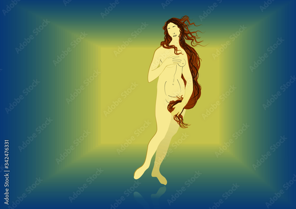 The Birth of Venus with blurry square, blue and yellow background