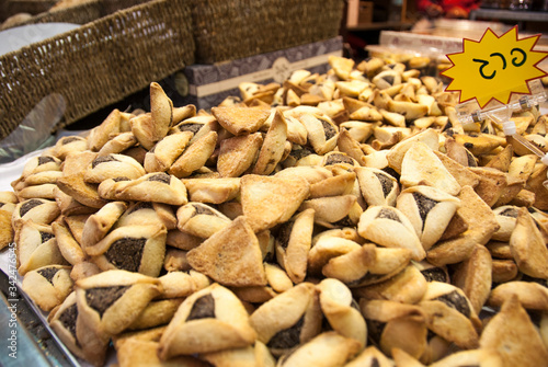Hamantaschen for sale at Mahane Yehuda market, Jerusalem, Israel photo