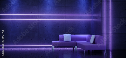 Neon Laser Glowing Purple Blue Dance Club Sofa Couch  Synth Cyber Music Show Event Concrete Rough Grunge Wall Glossy Floor Background Retro Modern 3D Rendering