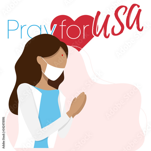 Covid-19 or Coronavirus concept. Pray for USA, save US people concept. Woman prayed for USA. Vector illustration.