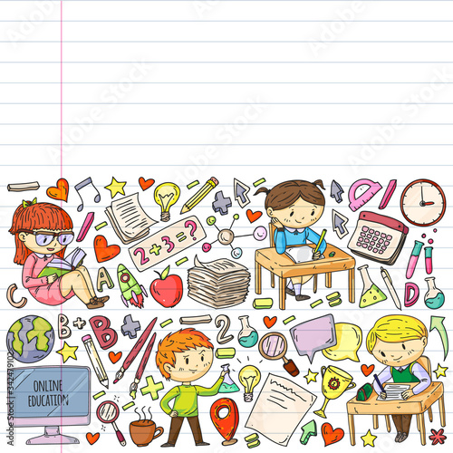 Online learning, education. Back to school. Vector icons and elements for little children, college. Doodle style, kids drawing
