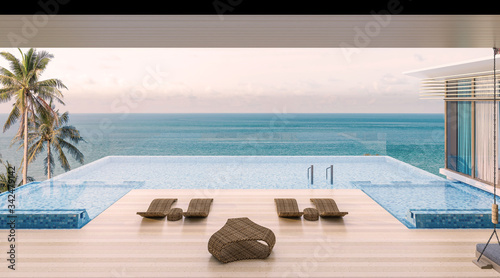 Sea view with a beautiful swimming pool  sunbeds and swings 3d render