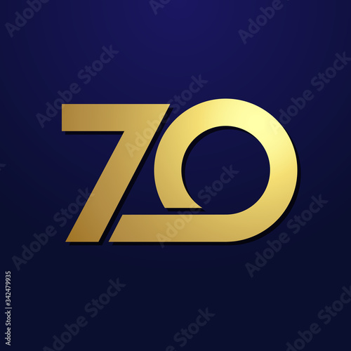 70 th anniversary numbers. 70 years old logotype. Shining golden congrats. Isolated abstract graphic design template. Creative congratulation, 3D digits. Up to 70%, -70% percent off discount concept.