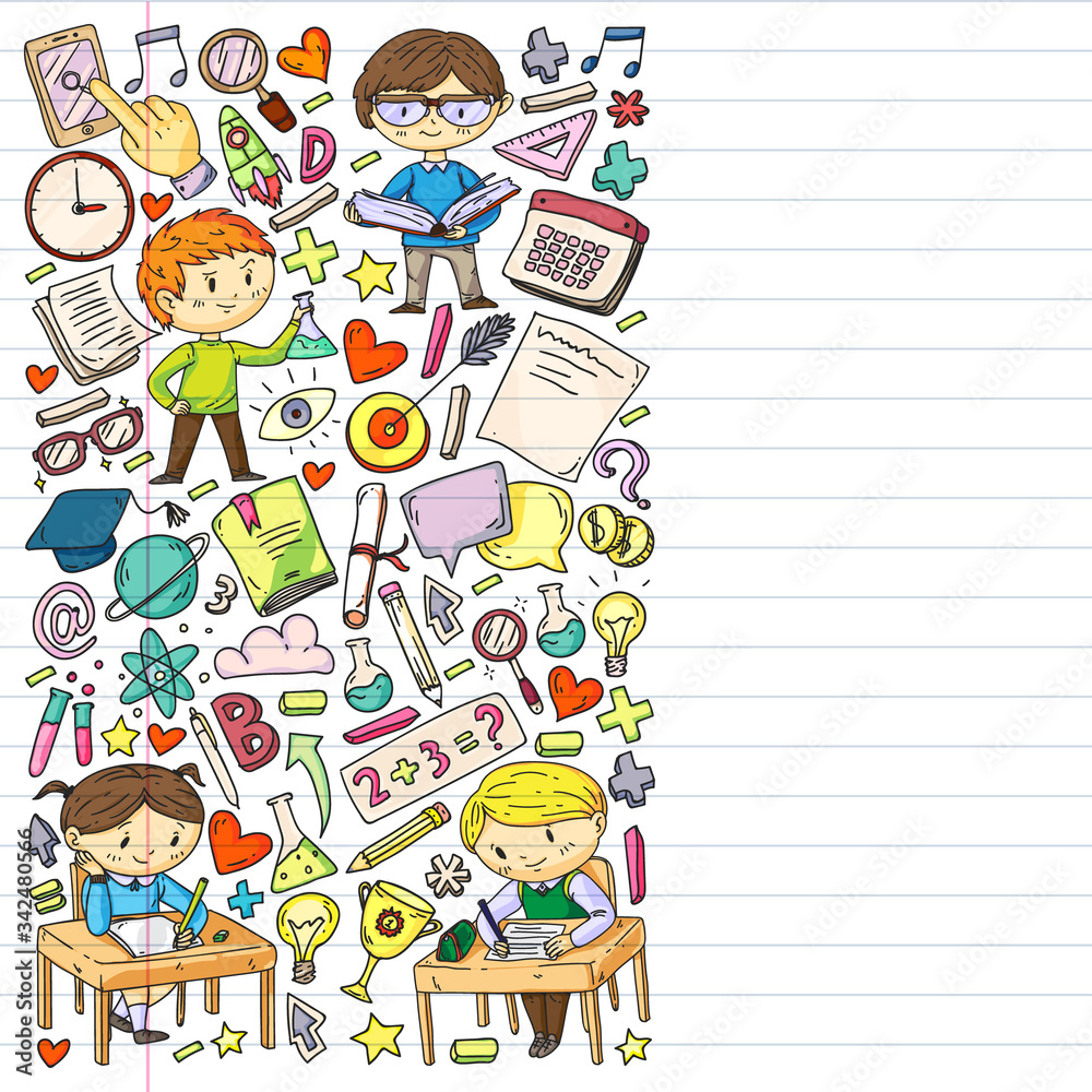 Obraz premium Online learning, education. Back to school. Vector icons and elements for little children, college. Doodle style, kids drawing