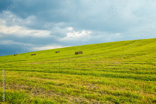 hay bales lay in a freshly mowed field.
