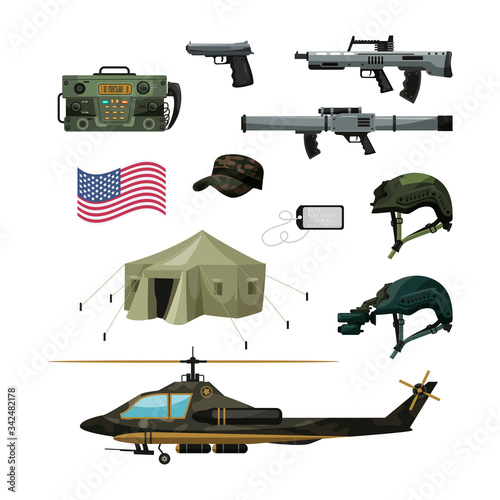 Military equipment, army transport, outfit set