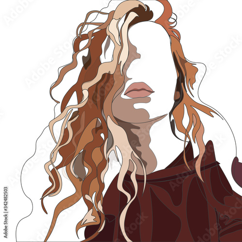 Vector illustration of an isolated young beautiful curly hair woman with plump leaps. Fashion portrait