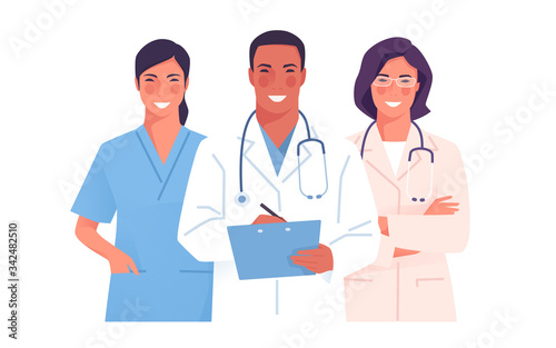 Vector illustration of a medical team, group of physicians, practitioners, doctors