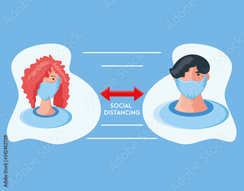 infographic with people social distance, stay safe by keeping a distance from people in public areas