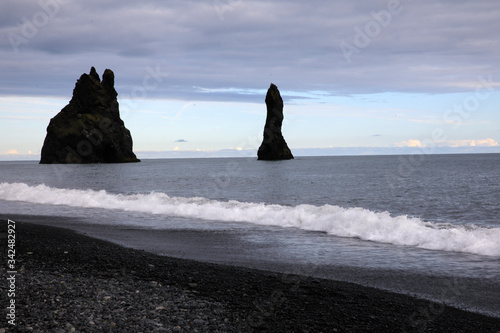 Vik / Iceland - August 15, 2017: The volcanic beach at Vik, Iceland, Europe
