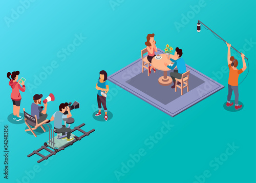 Isometric Vector Illustration Representing A Romance Film Making Process Carried Out by Two Actors, Director and the Crew