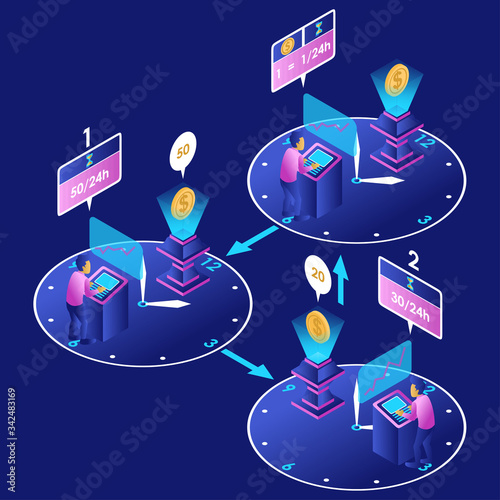 Isometric Vector Illustration Representing Increasing Results as Time Goes By Because Someone is Working Properly