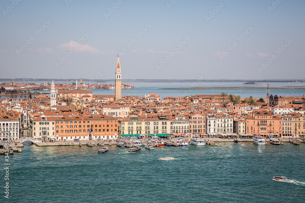View of Venice and the Venetian lagoon from the bell tower of the Basilica of San Giorgio Maggiore. Venice, Veneto, Italy