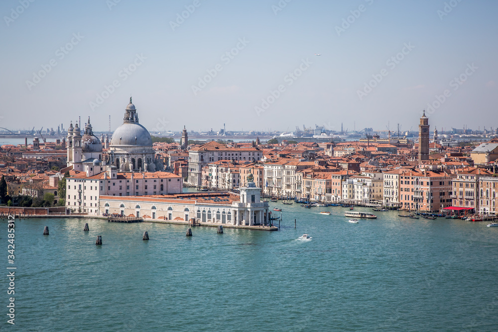 View of Venice and the Venetian lagoon from the bell tower of the Basilica of San Giorgio Maggiore. Venice, Veneto, Italy