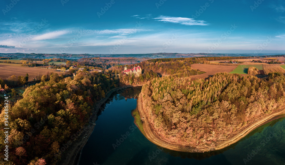 Panoramic view on Czocha Castle, Poland. Drone photography.