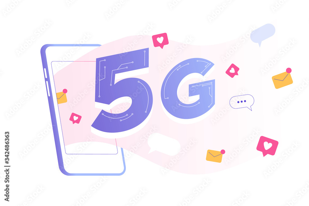 5G network wireless technology concept. A big 5G sign popping out smartphone. High-speed mobile internet connection. New 5th generation of internet. Social media. Isolated vector, web illustration 5G network wireless technology concept. A big 5G sign popping out smartphone. High-speed mobile internet connection. New 5th generation of internet. Social media. Isolated vector, web illustration