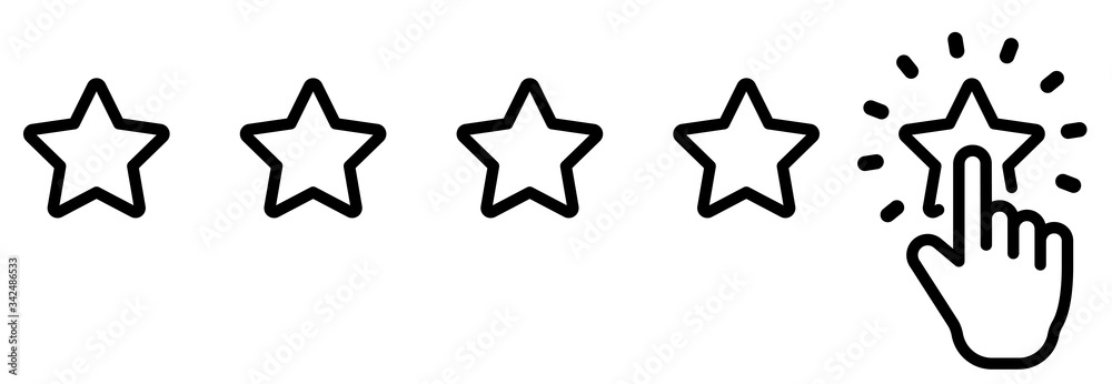 Hand five stars rating line symbol. Feedback five stars. Human hands put rating 5 star. Classification and user feedback concept. Five stars quality rating icon - stock vector.