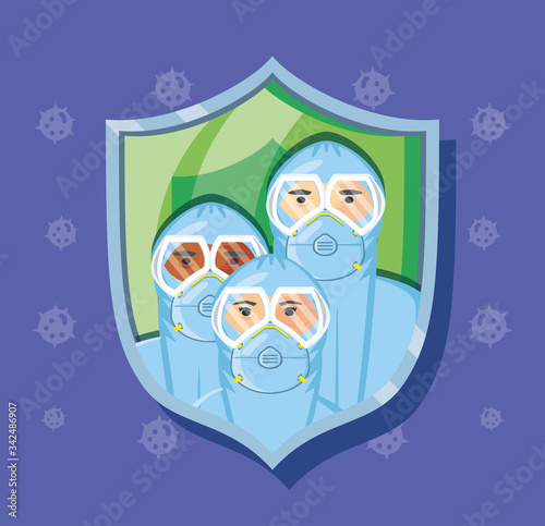 men with wearing protective uniform, prevention of coronavirus infection