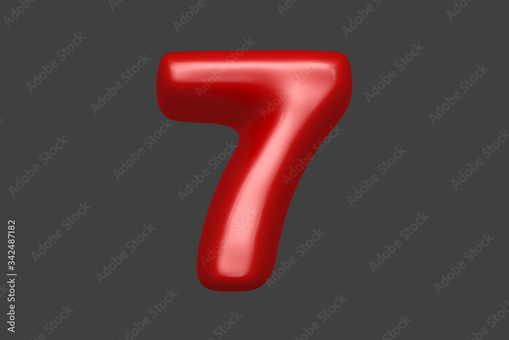 Red soft plastic alphabet - number 7 isolated on grey background, 3D illustration of symbols Red soft plastic alphabet - number 7 isolated on grey background, 3D illustration of symbols