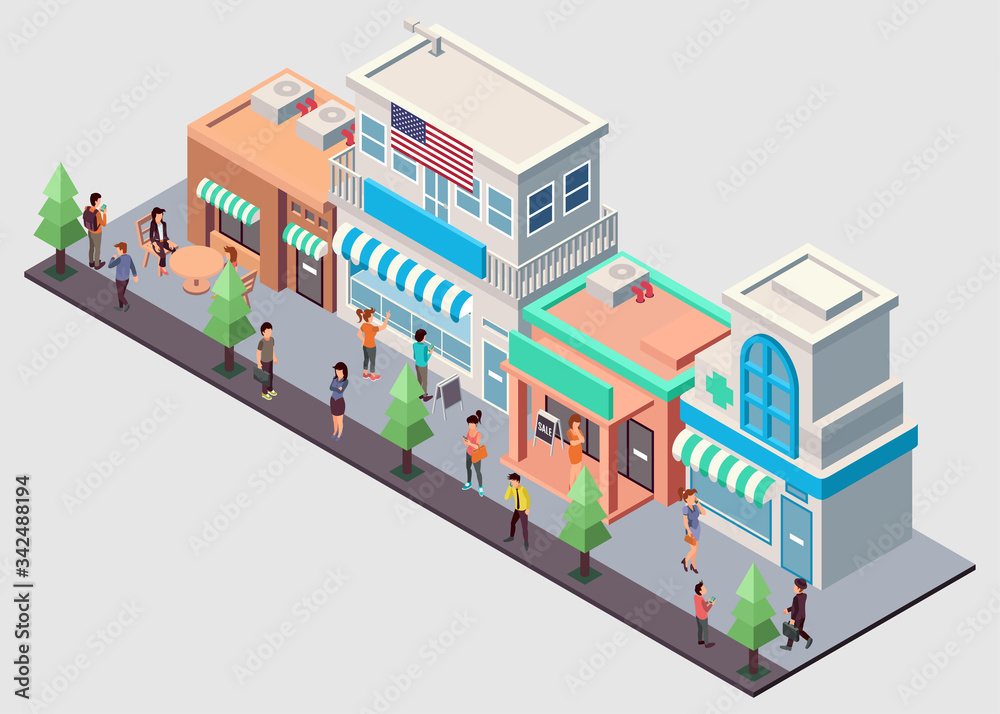 Isometric Vector Illustration Representing a Row of Various Stores or Shops with People Walking in Front of It
