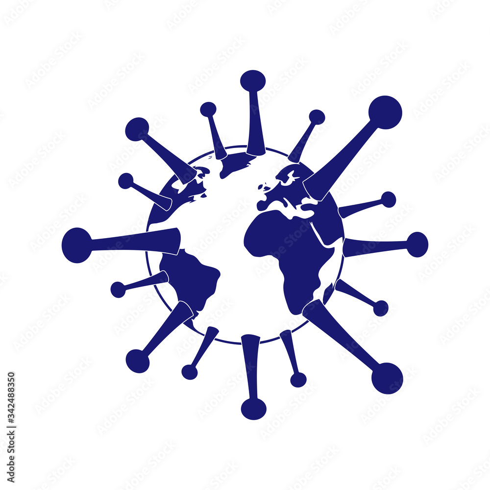 World pandemic. Infected Earth. Virus attacks the planet. Coronavirus 2020. 2019-nCoV. Covid-19. Dangerous chinese virus. Wuhan pathogen. Isolated on white. Vector Illustration.