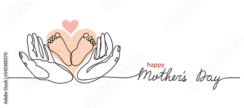 Happy Mothers Day lettering. Little baby feet in hands. One continuous line drawing. Mothers Day simple vector web banner, background,poster,card.