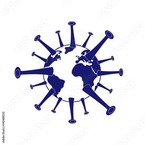 World pandemic. Infected Earth. Virus attacks the planet. Coronavirus 2020. 2019-nCoV. Covid-19. Dangerous chinese virus. Wuhan pathogen. Isolated on white. Vector Illustration.