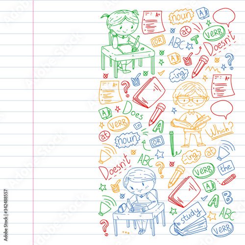 Online english school for children. Learn language. Education vector illustration. Kids drawing doodle style image.