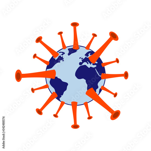 World pandemic. Infected Earth. Virus attacks the planet. Coronavirus 2020. 2019-nCoV. Covid-19. Dangerous chinese virus. Wuhan pathogen. Isolated on white. Vector Illustration.