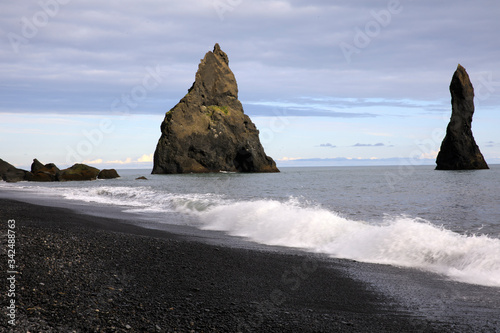 Vik / Iceland - August 15, 2017: The volcanic beach at Vik, Iceland, Europe