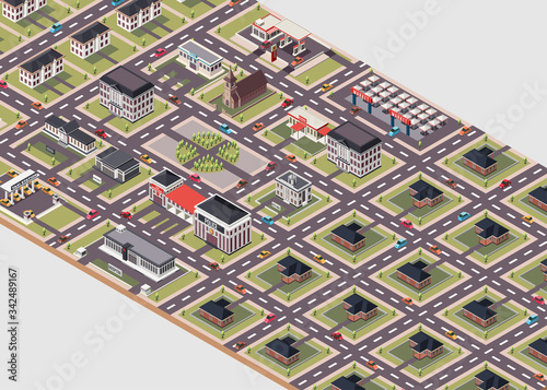 Isometric Vector Illustration Representing a City Layout with Various Types of Government and Residents Buildings, Public Infrastructure, and Vehicles