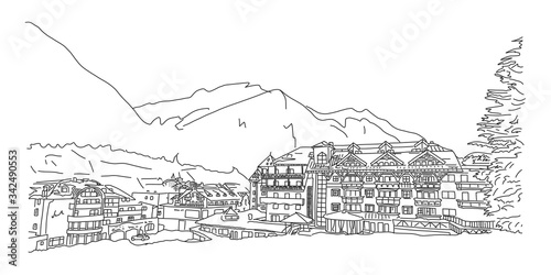 Ischgl empty ski resort, beautiful panorama sketch