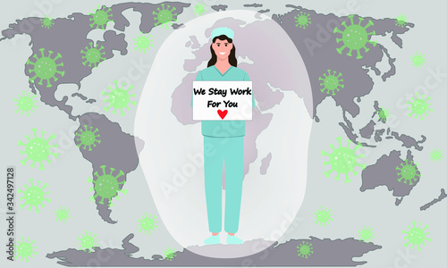 A doctor, nurse or health care provider holding a poster asking people to avoid spreading the Crown and Covid-19 virus while staying at home. To inform people about the disease.